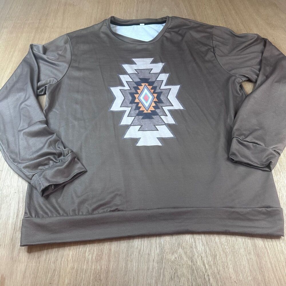 Southwestern Aztec Print Brown Pullover Sweatshirt Women's Large